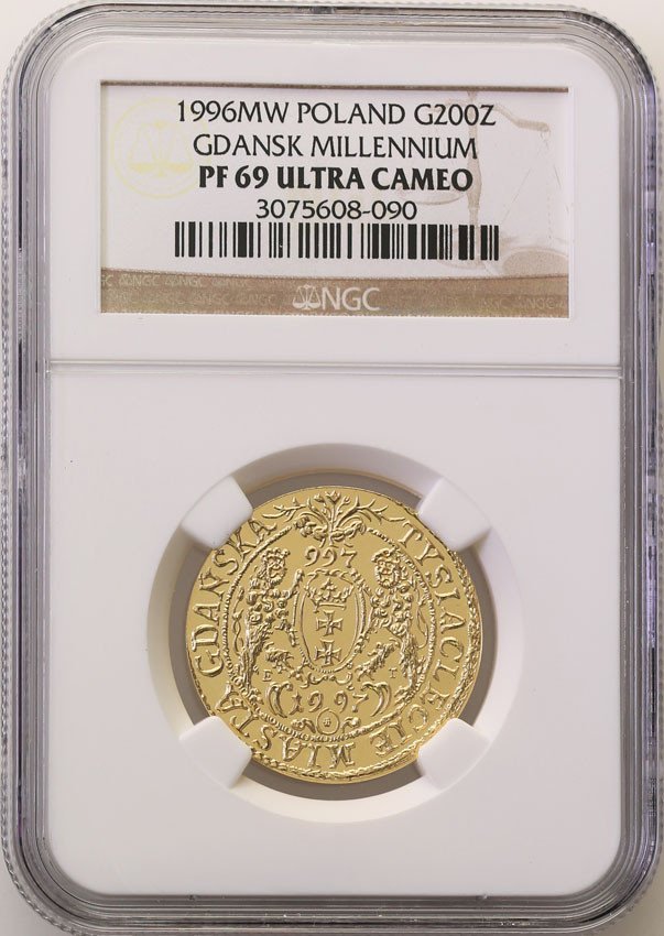 III RP. 200 złotych 1996 Tysiąclecie Miasta Gdańska NGC PF69 ULTRA CAMEO (2 MAX)